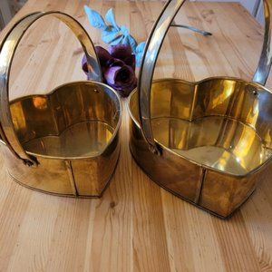 Solid BRASS Heart Shaped Baskets Set of 2 Vintage